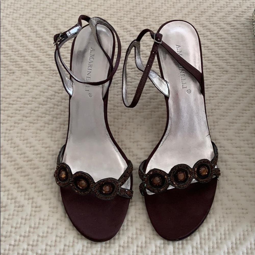 A. Marinelli chocolate satin heels